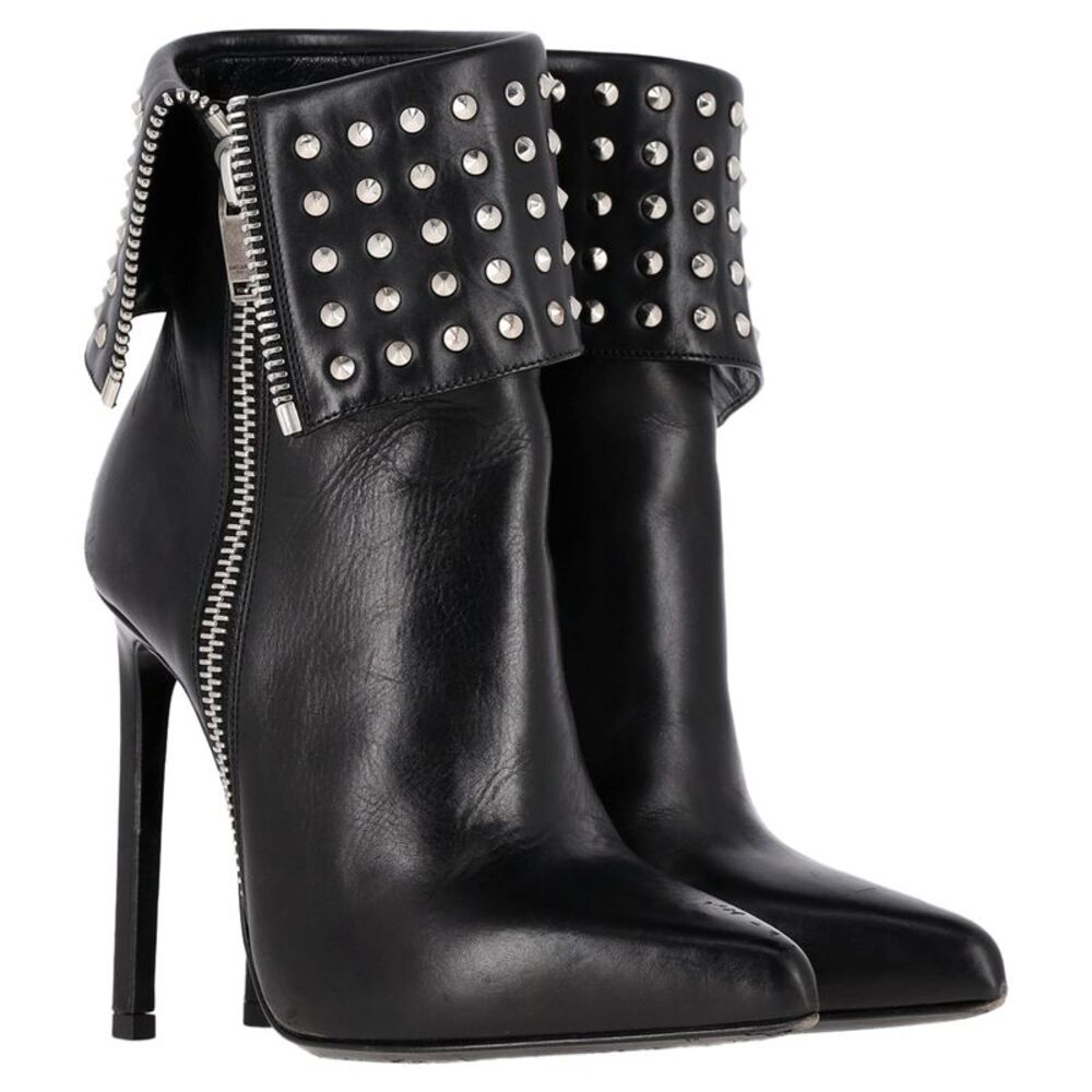 Saint Laurent Paris Fold Over Studded Booties in Black Leather - Picture 2 of 9